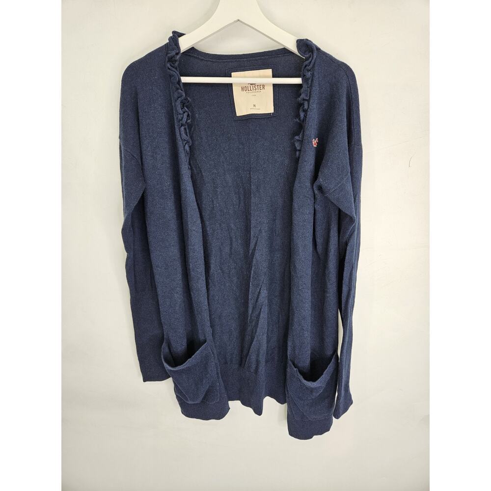 Hollister Cardigan Size M Navy Open-Front Long Sleeve Pocket Ruffle Preppy Y2k